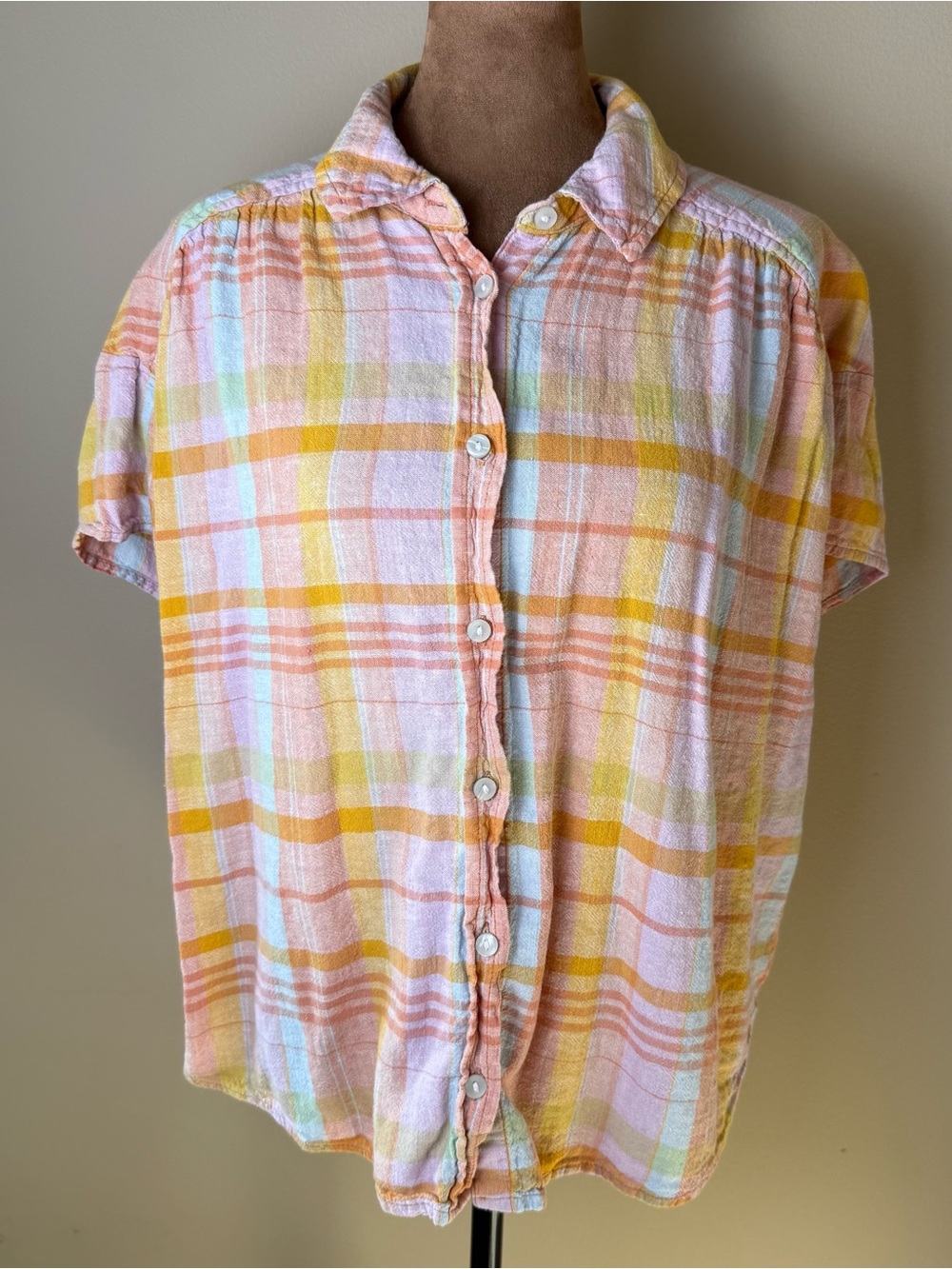 American Eagle Linen Blend Button Down Shirt Womens Small Orange Pink Plaid Boxy